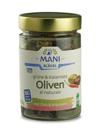 Mani Grüne & Kalamata Oliven al naturale, mit Chili und Kräutern, Bio 205g